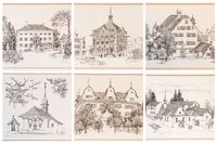 Godi Leiser, Tuschfederzeichnung, Schwyz, Architektur, Herrenhäuser, Ratshaus, Historische Gebäude, signiert, 1972