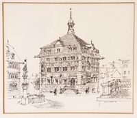 Godi Leiser, Tuschfederzeichnung, Schwyz, Architektur, Herrenh&auml;user, Ratshaus, Historische Geb&auml;ude, signiert, 1972
