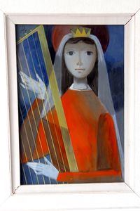 Josef Schwegler, Luzern, Glaskunst, Hinterglasmalerei, Abstrakte Kunst, Kubismus, Schweizer Kunst, Harfe Musikerin,