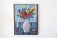 Josephine Troller, Luzern, Ölbild, signiert, 1960, Blumen Stillleben, Tulpen und Anemonen