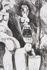 Roland Bugnon, Freiburg, Radierung, Surrealismus, Akt, Frauenakt, abstrakt, 1975, schweizer Kunst,