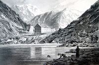 Stahlstich 1860, Alpenpass, Hospiz St.Bernhard, Schweiz, Rahmen vergoldet