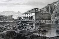 Stahlstich 1860, Alpenpass, Hospiz St.Gotthard, Uri, Tessin, Schweiz, Rahmen vergoldet