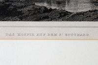 Stahlstich 1860, Alpenpass, Hospiz St.Gotthard, Uri, Tessin, Schweiz, Rahmen vergoldet
